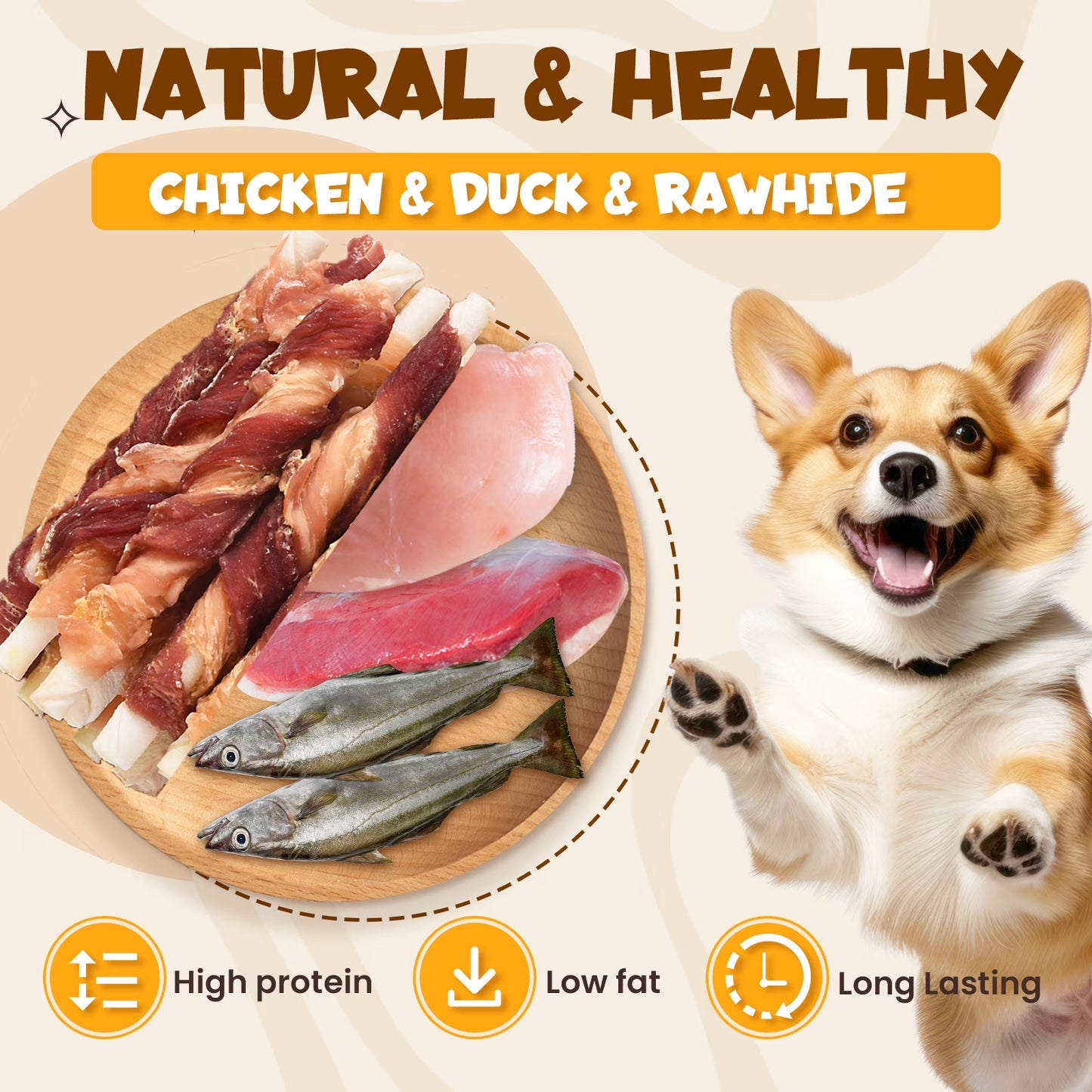 Rawhide Dog Chew, Natural Chicken and Duck Wrap Long-Lasting Treat for Dog, 11 Oz.